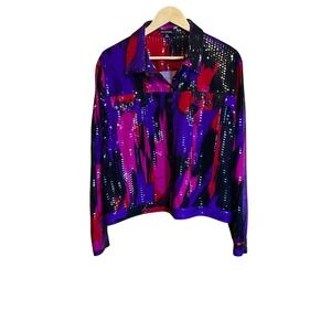 NOTATIONS Women XL Purple Pink Black Abstract Print Jacket Shiny Retro 80s Style